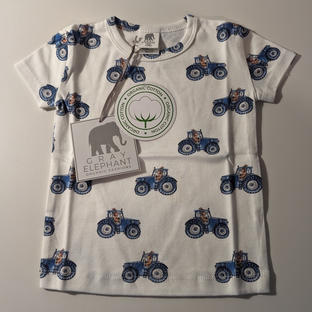 NWT 6-9M Gray Elephant Organic Fashions Tshirt White Bunny on Tractor